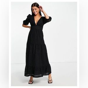 NWT ASOS DESIGN Premium plunge eyelet tiered midi dress w/ button neck in black